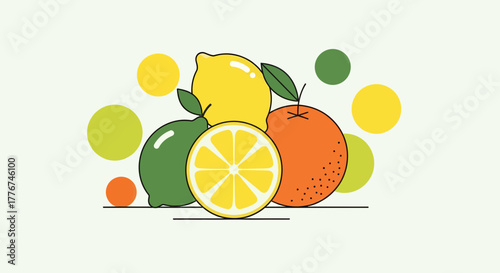 Fresh And Vibrant Fruit Composition Illustration With Colorful Geometric Design Elements