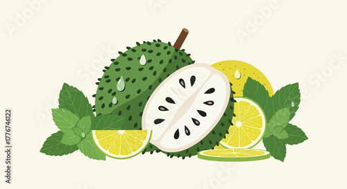 Fresh And Vibrant Illustration: Soursop, Lime Slices, And Mint Leaves Composition