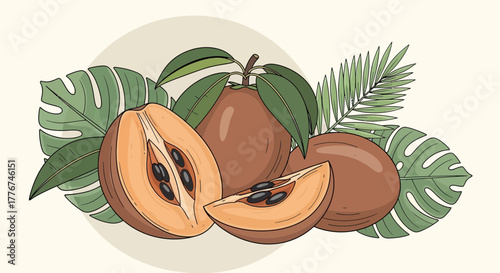 Exotic Sapodilla Fruits Displayed With Flora In Artistic Botanical Illustration
