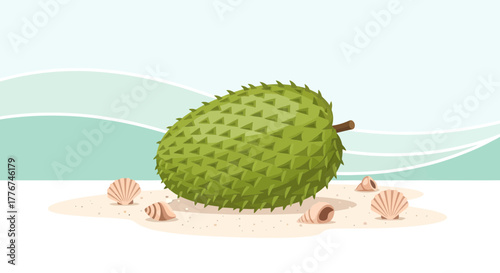 Exotic Soursop Fruit on Sandy Beach With Seashells And Coastal Artistic Backdrop