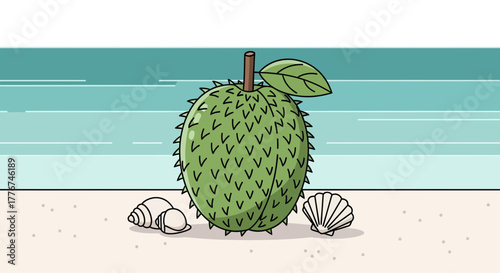 Exotic Soursop Fruit on Sandy Beach With Seashells and Ocean in Background