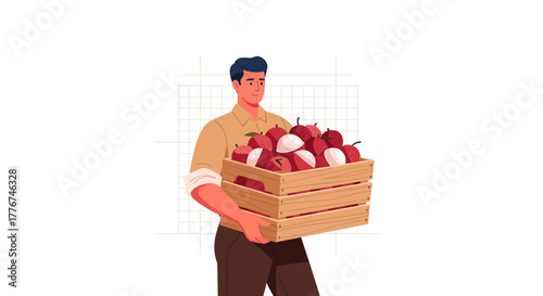 Farmer Carrying a Wooden Crate Loaded with Freshly Harvested Red Apples