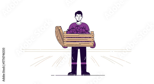 Farmer Carrying a Wooden Crate Full Of Fresh Harvested Berries or Fruits Outdoors