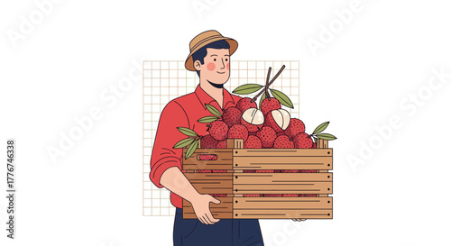 Farmer Carrying Fresh Lychees In Wooden Crate, Artistic Illustration, Minimalist Design Artwork