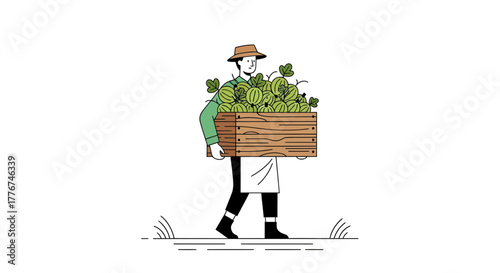 Farmer Carrying Fresh Gooseberries In Wooden Crate, Harvest Season Illustration For Adobe Stock