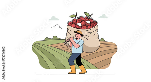 Farmer Carrying Harvested Lychees Across Fields Depicted in Minimalist Illustration
