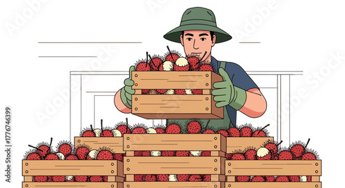 Farmer Displaying Fresh Fruits in Wooden Crates, Ready for Market, Natural Harvest