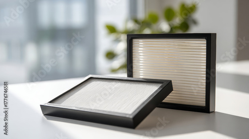 Two rectangular air purifier filters with black frames placed on a white surface in a bright indoor setting with blurred background