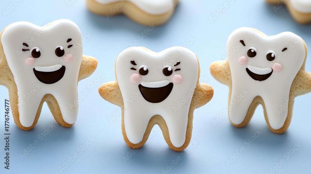 Obraz premium Three tooth-shaped sugar cookies with white frosting and smiling faces sit on a light blue surface. AI.