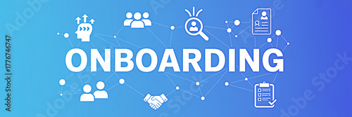 Onboarding process illustration with icons representing teamwork training recruitment and employee development on a blue gradient background for human resources and business concepts