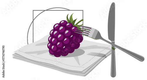 Fresh Blackberry Composition Featuring Tableware on Napkin and Elegant White Background