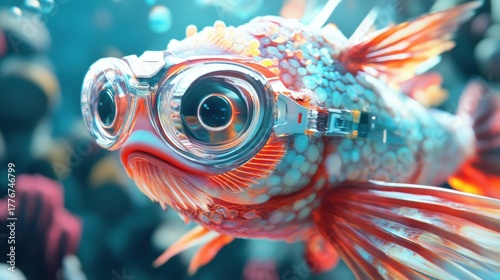 A fish with orange fins and blue scales wears futuristic-looking goggles in a bright blue environment. AI.