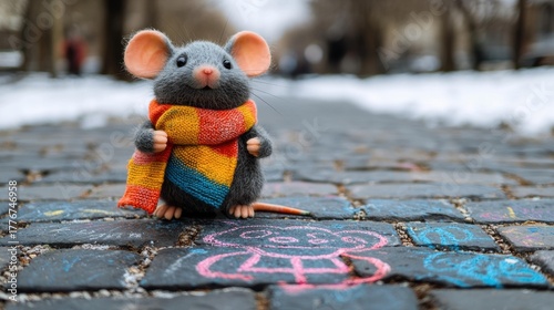 A small gray mouse wearing a colorful scarf stands on a stone path with chalk drawings. AI.