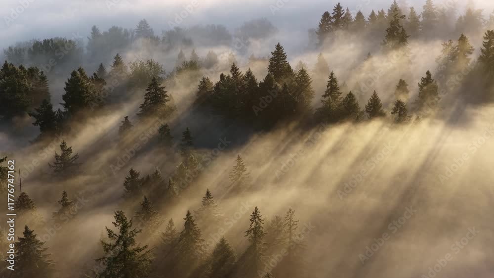 Mist flows through the beautiful forests surrounding Portland, Oregon. This scenic Pacific Northwest region is known for its vast forests and rugged Cascade mountains.