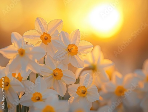 White flowers with yellow centers in a field. The sunlight makes the flowers glow. AI.