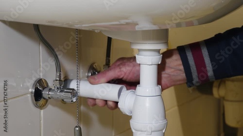 Professional plumber performing maintenance on a bathroom sink by unscrewing and removing the plastic p trap to clean a blockage and fix a leakage issue, ensuring proper drainage