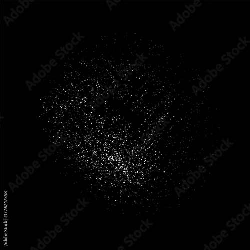 White micro dust isolated on black background. Backdrop with noise particles. Falling salt crystals. Sugar crystal powder. Crushed little granules of flour or sand. Grunge grain texture.