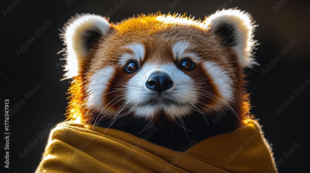 Obraz premium Red panda looking at the camera with a yellow fabric draped on its body against a dark background. AI.
