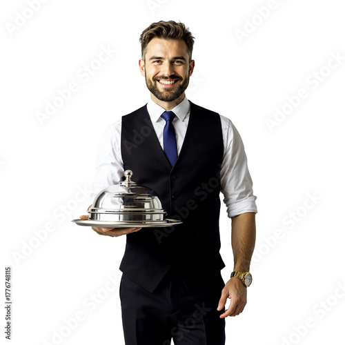  Handsome Young Man in Uniform Providing Premium Restaurant Service Transparent