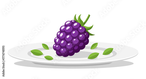 Fresh Blackberry on a Plate with Green Leaves Displaying Culinary Artistry