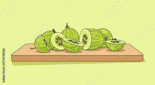 Fresh Gooseberries Harvested And Placed On A Wooden Board For Culinary Preparation