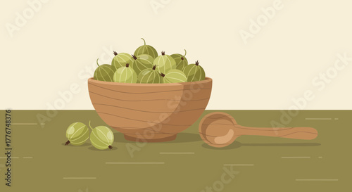 Fresh Gooseberries In Wooden Bowl And Spoon Isolated On The Green Table