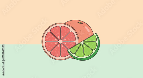 Fresh citrus fruit illustration of grapefruit and lime slices on pastel background