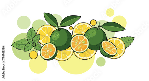 Fresh citrus with mint leaves, artistic illustration of lemons and slices perfect