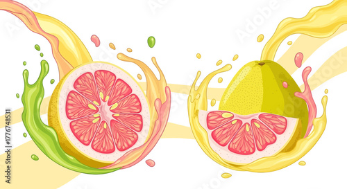 Fresh Grapefruit Citrus Explosion, Dynamic Juices Splash, Vibrant Fruit Slices Illustration