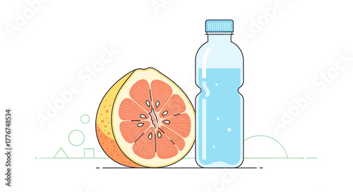 Fresh Grapefruit And Water Bottle Illustration Showcasing Healthy Eating And Hydration
