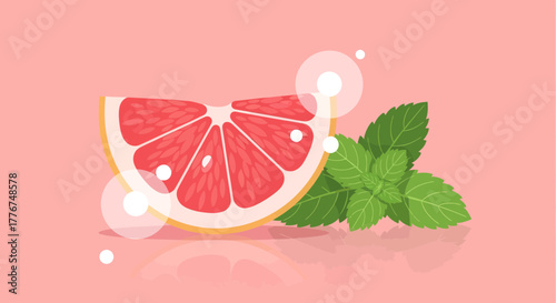 Fresh Grapefruit Slice And Mint Leaves On A Pink Background Beautifully Illustrated