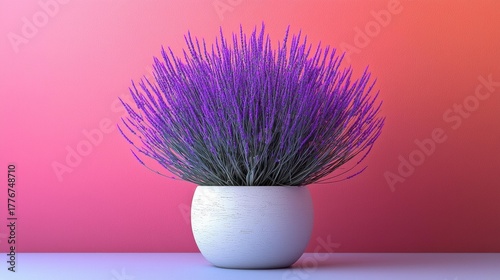 Purple flower in a round white pot on a table against a pink and orange background. AI.