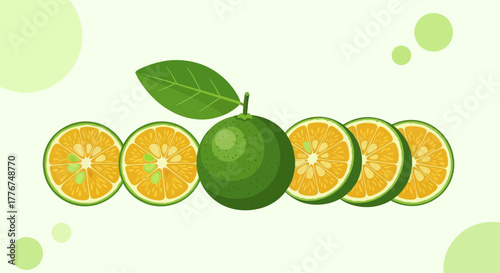 Fresh Green Citrus Fruit and Slices with Leaf on a Pale Green Background