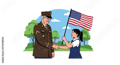 A military veteran shaking hands with a patriotic young girl holding an American flag. Represents respect, thanks, and honoring service and Veterans Day