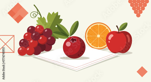 Fresh Fruit Illustration Depicting Apple, Grape, Orange, And Cranberry On A White Surface