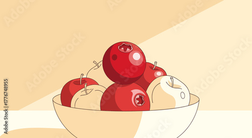 Fresh Fruit Illustration Depicting Apples and Berries, In a Simple White Bowl