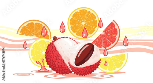 Fresh Fruit Illustration Depicting Citrus, Lychee, and Juicy Droplets on a Canvas