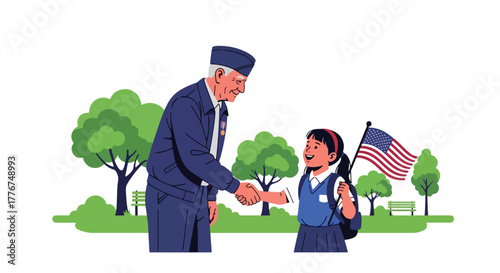 A military veteran shaking hands with a patriotic young girl holding an American flag. Represents respect, thanks, and honoring service and Veterans Day