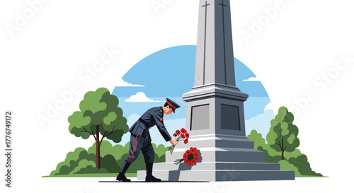 Flat vector of soldier placing flowers at war memorial statue in city park on Veterans Day, quiet moment of reflection