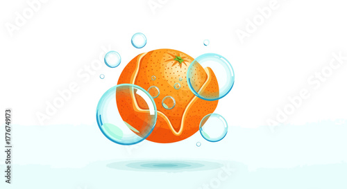 Fresh Illustrative Artwork Of Citrus Fruit Orange With Soapy Bubbles Floating Around