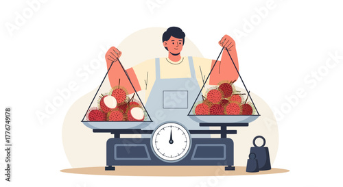 Fresh Fruit Vendor Weighing Lychees: A Colorful Illustration of Market Commerce