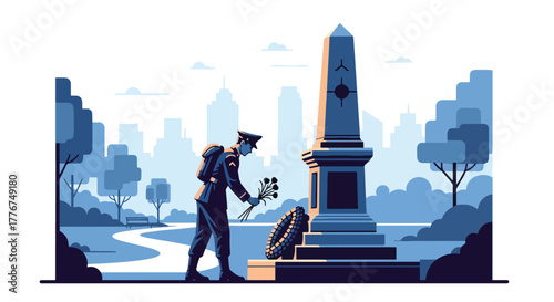 Flat vector of soldier placing flowers at war memorial statue in city park on Veterans Day, quiet moment of reflection