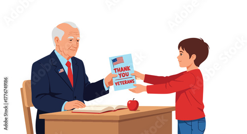 Flat vector of student giving handmade “Thank You Veterans” card to elderly veteran in school classroom