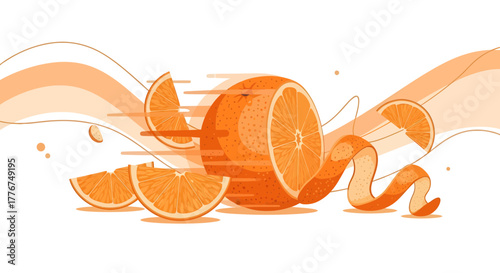Fresh Illustrative Digital Art Featuring Sliced Oranges and Citrus Peel Design