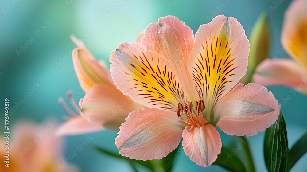 Fototapeta premium Delicate peach colored alstroemeria flowers with dark speckles on petals blooming in soft natural light with a blurred background