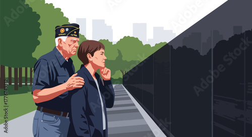 Flat vector of American veteran saluting at the Vietnam Veterans Memorial Wall, symbolizing respect, remembrance, and national pride
