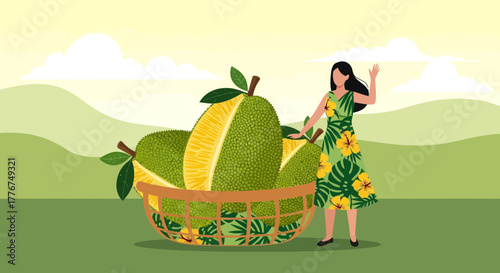 Fresh Jackfruit Harvest Displayed With A Smiling Woman On Natural Landscape Scene