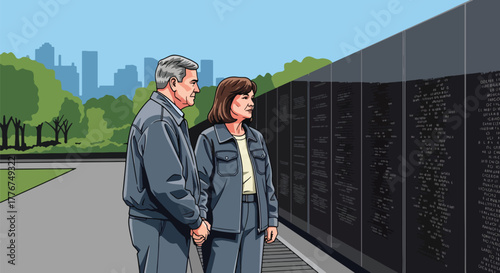 Flat vector of American veteran saluting at the Vietnam Veterans Memorial Wall, symbolizing respect, remembrance, and national pride