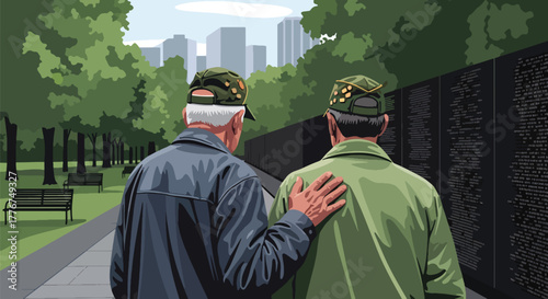 Flat vector of American veteran saluting at the Vietnam Veterans Memorial Wall, symbolizing respect, remembrance, and national pride