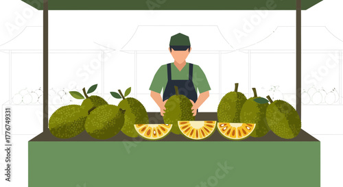 Fresh Jackfruit Seller Stands Ready to Serve Customers at the Open Air Market